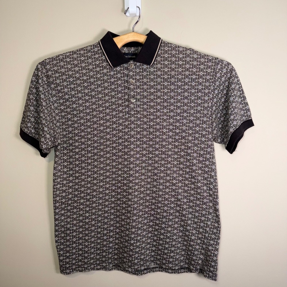 Marc Edwards Mens Brown Geometric Diamond Knit Short Sleeve Polo Shirt Large